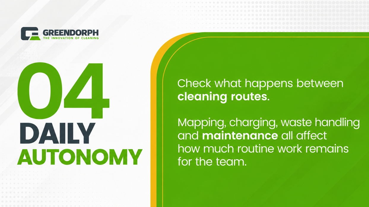 Daily operation planning for mapping, charging, waste handling and maintenance.